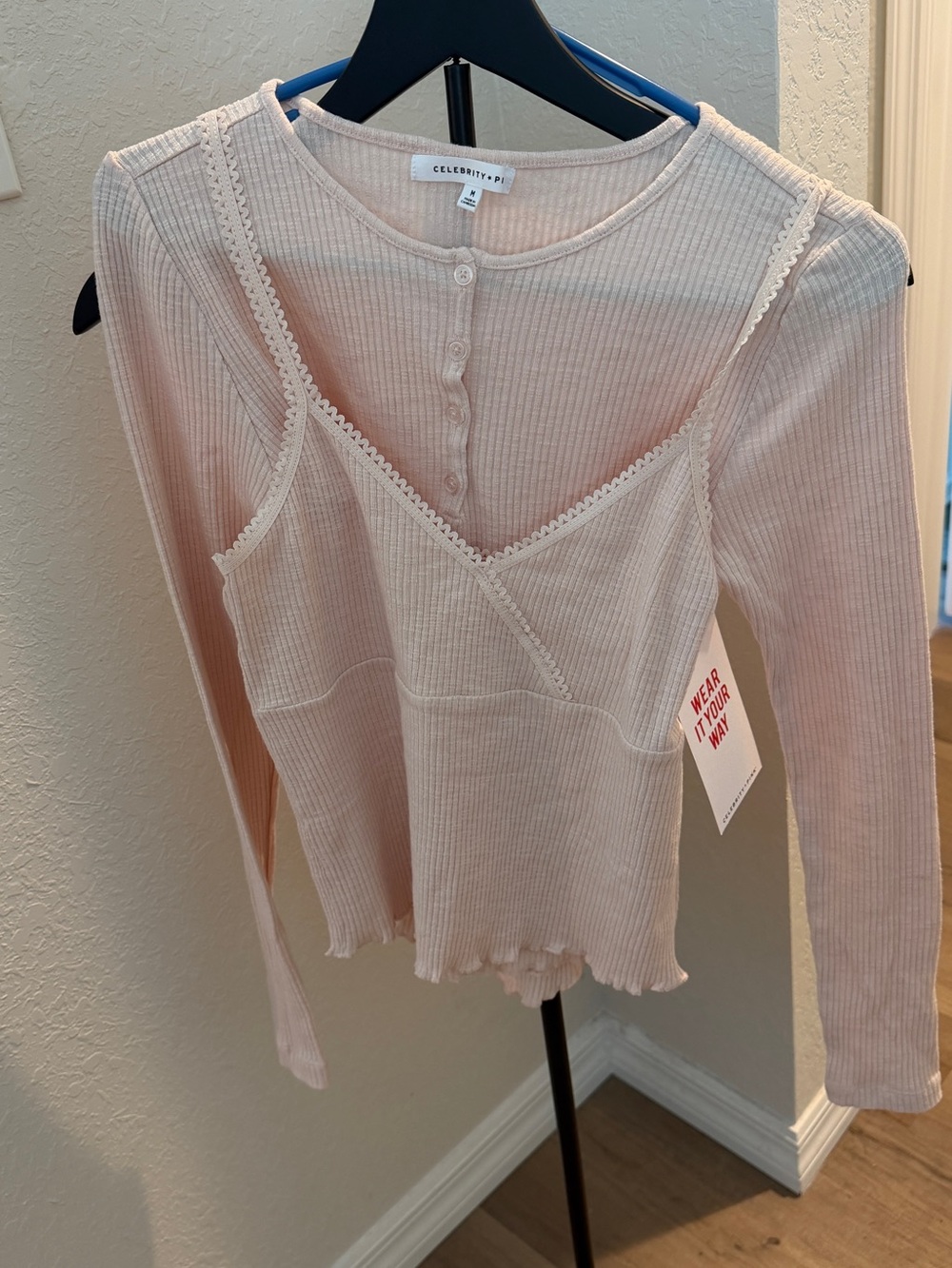 Celebrity Pink Pale Pink Ribbed Camisole Layered Long-Sleeve 2pc Top set.
